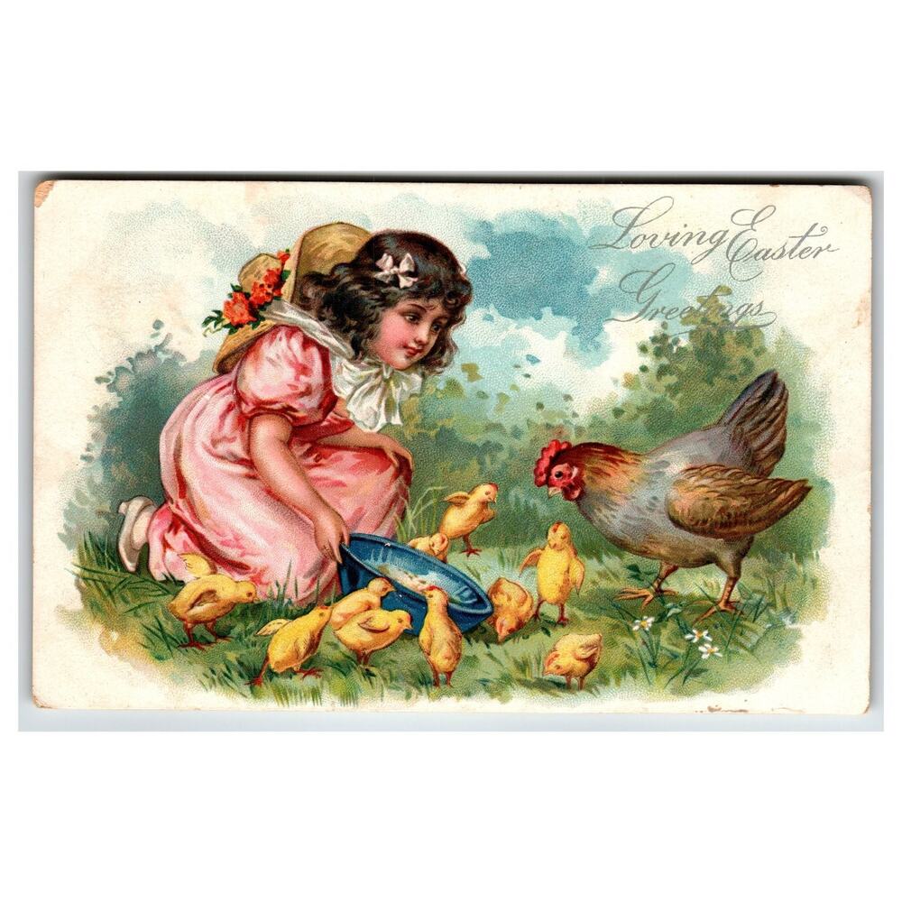 Tuck's Easter Postcard Girl Feeding Chicks & Hen Saxony Series 177